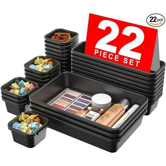 22 Piece Black Plastic Drawer Organizer Set for Makeup Office Bathroom Storage - Picture 8 of 8